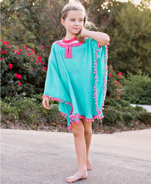Aqua Pom Pom Poncho Cover-Up - Through my baby's eyes