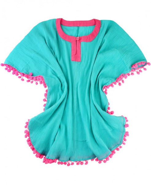 Aqua Pom Pom Poncho Cover-Up - Through my baby's eyes