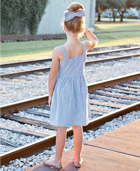 Blue Seersucker Fit & Flare Bow Dress - Through my baby's eyes