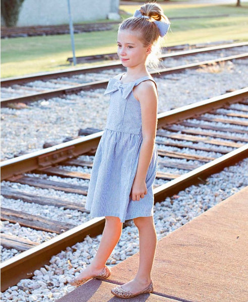 Blue Seersucker Fit & Flare Bow Dress - Through my baby's eyes