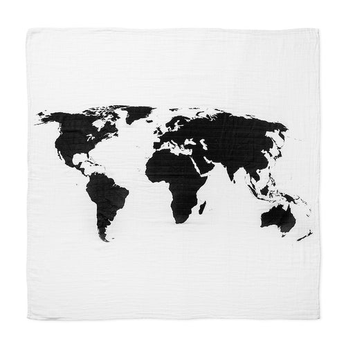 Organic Cotton Muslin Swaddle Blanket - WORLD MAP - Through my baby's eyes