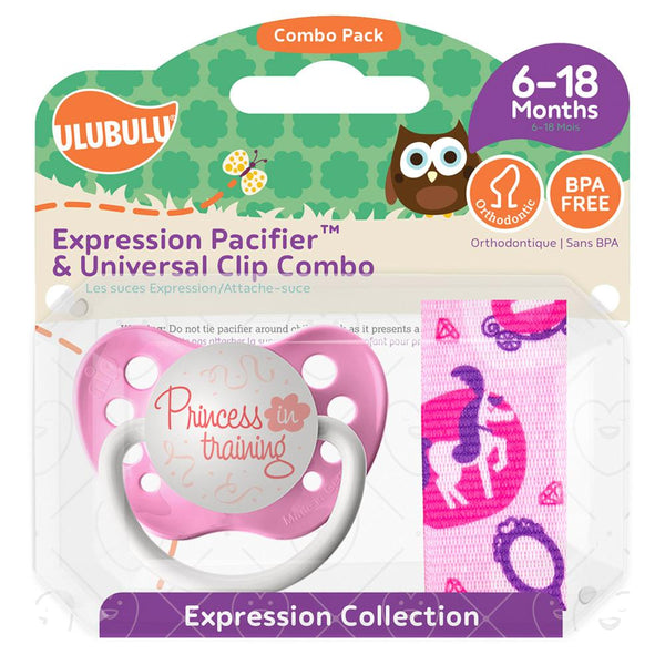 PRINCESS IN TRAINING PACIFIER & PRINCESS ELEMENT PACIFIER CLIP COMBO